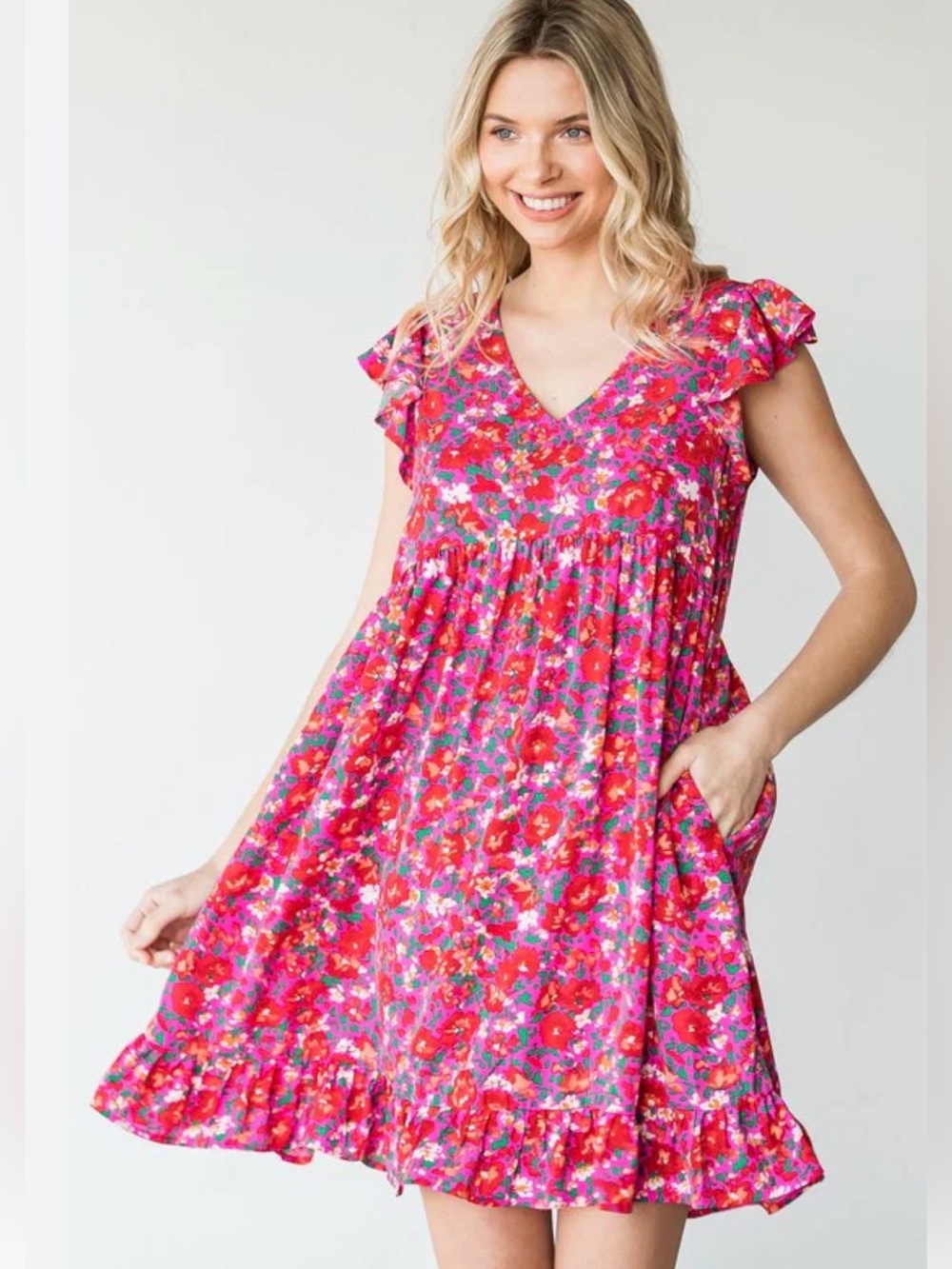 Jodifl Love Crush Floral Smocked Babydoll Dress Hot pInk size Large